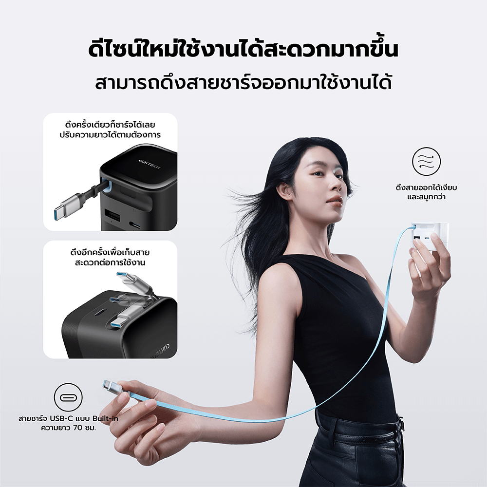 หัวชาร์จเร็วพร้อมสาย CUKTECH AD653W สีดำ GAN 65W รองรับ PD, PPS, QC